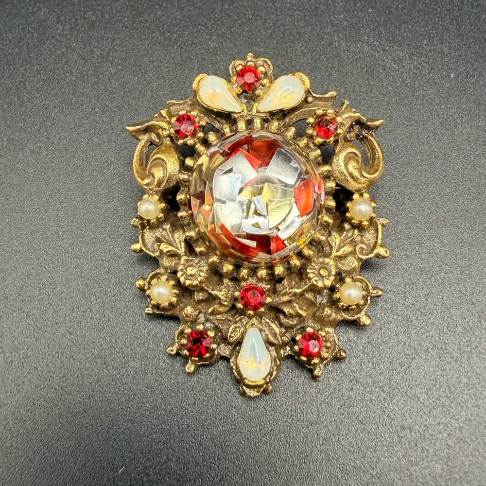 Vintage Coro Confetti Art Glass Brooch Red Rhinestone Opaline Gold Tone